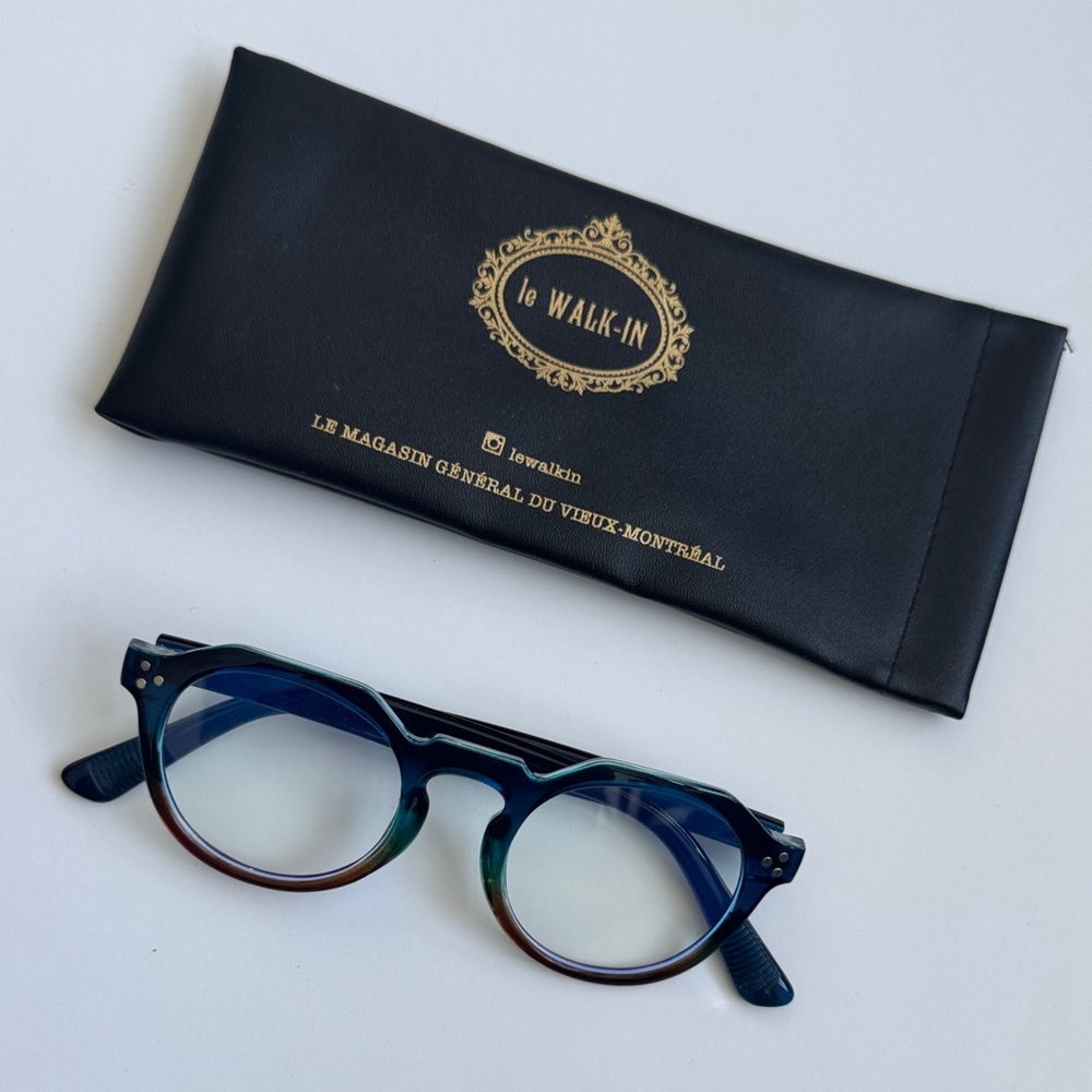 Blue and Brown Round Glasses with Case